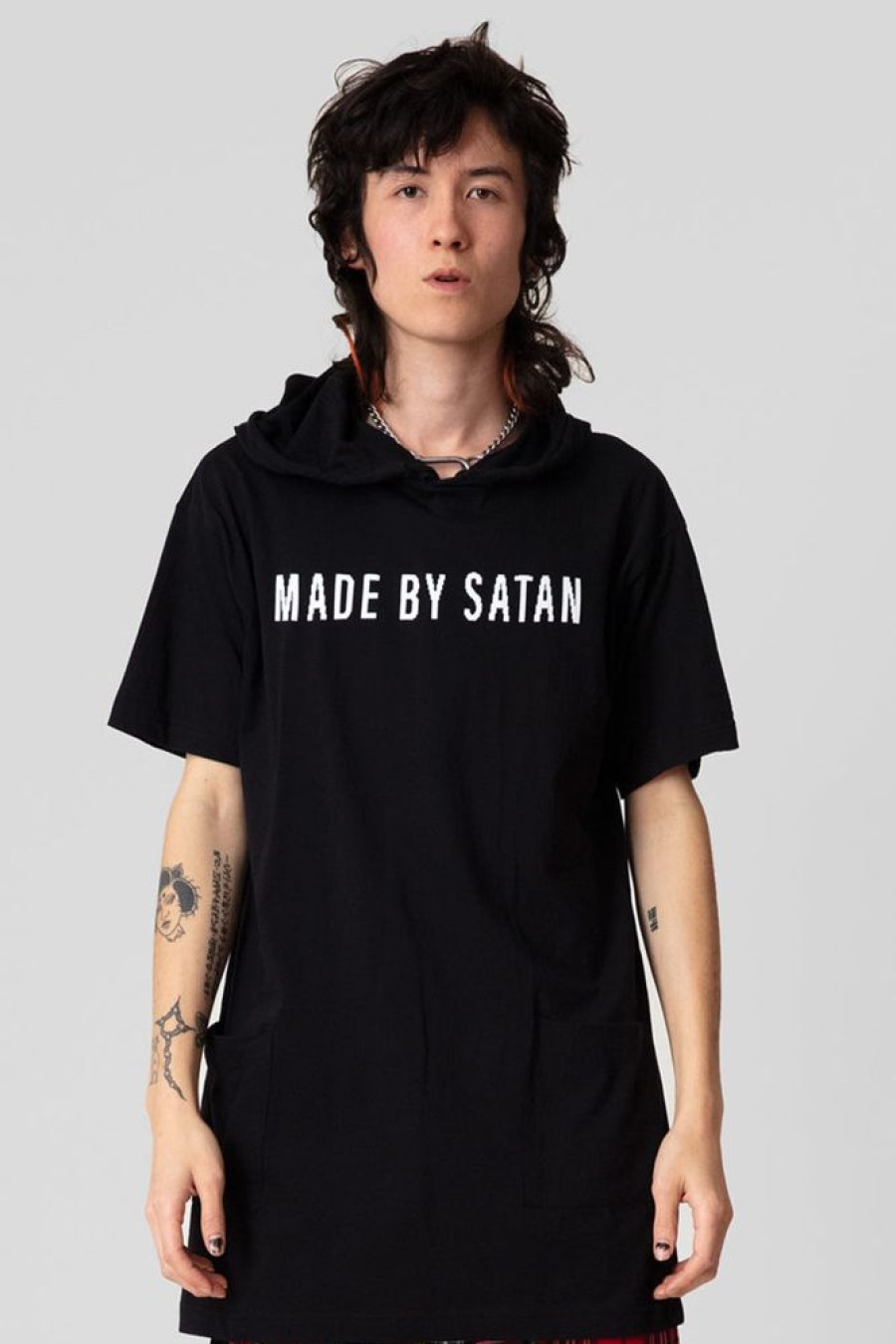 Unisex LONG CLOTHING | Made By Satan - Hooded Tshirt (B)