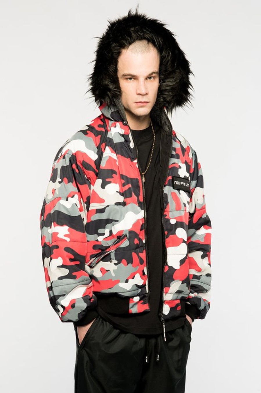 Unisex NEW FUTURE LONDON | Fur Hood Bomber Jacket (Camo Red)