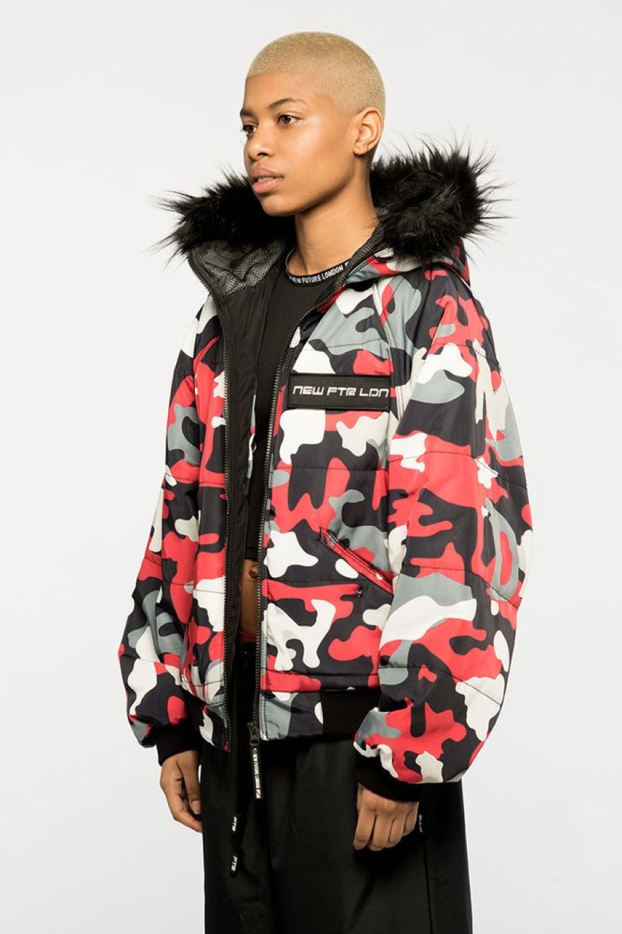 Unisex NEW FUTURE LONDON | Fur Hood Bomber Jacket (Camo Red)